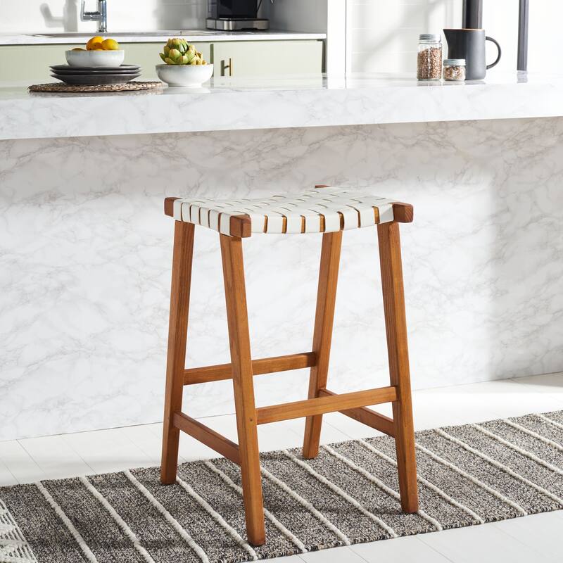 SAFAVIEH Remzija 30-inch Woven Leather Rectangle Bar Stool - 20" W x 19" D x 30" H - White/Natural