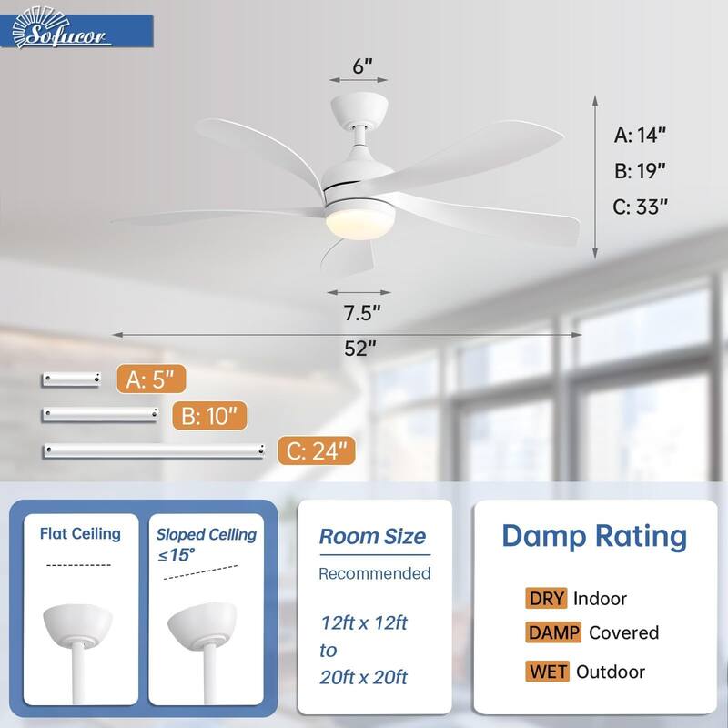 52 Inch Ceiling Fan with Remote & Lights Quiet DC Motor 5 Blade High CFM Modern Fan
