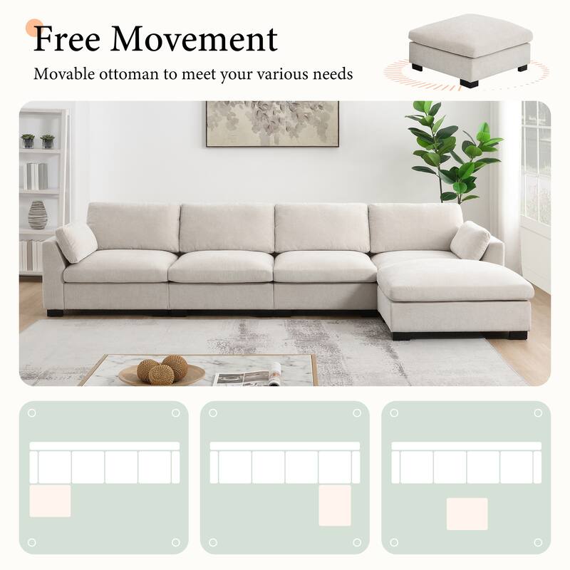 L-Shape Sectional Sofa with Folding Table, Dual-Port Charging, Side Pockets, 2 Pillows, Movable Ottoman, Chenille Modular Sofa