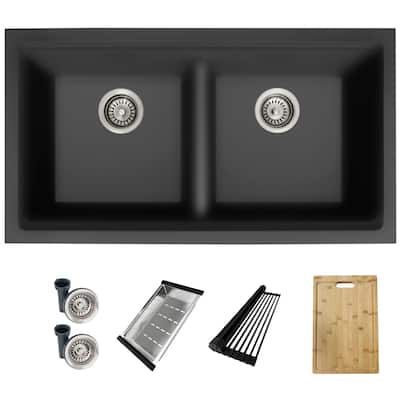 Dual mount 33 inch Black Composite Granite Double Bowl Workstation Kitchen Sink