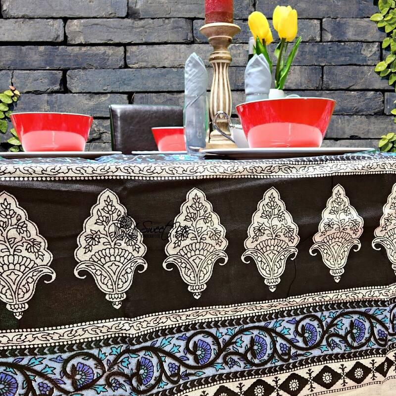 Cotton Floral Tablecloth for Rectangle Tablecloth - 70 x 102 in. - Black