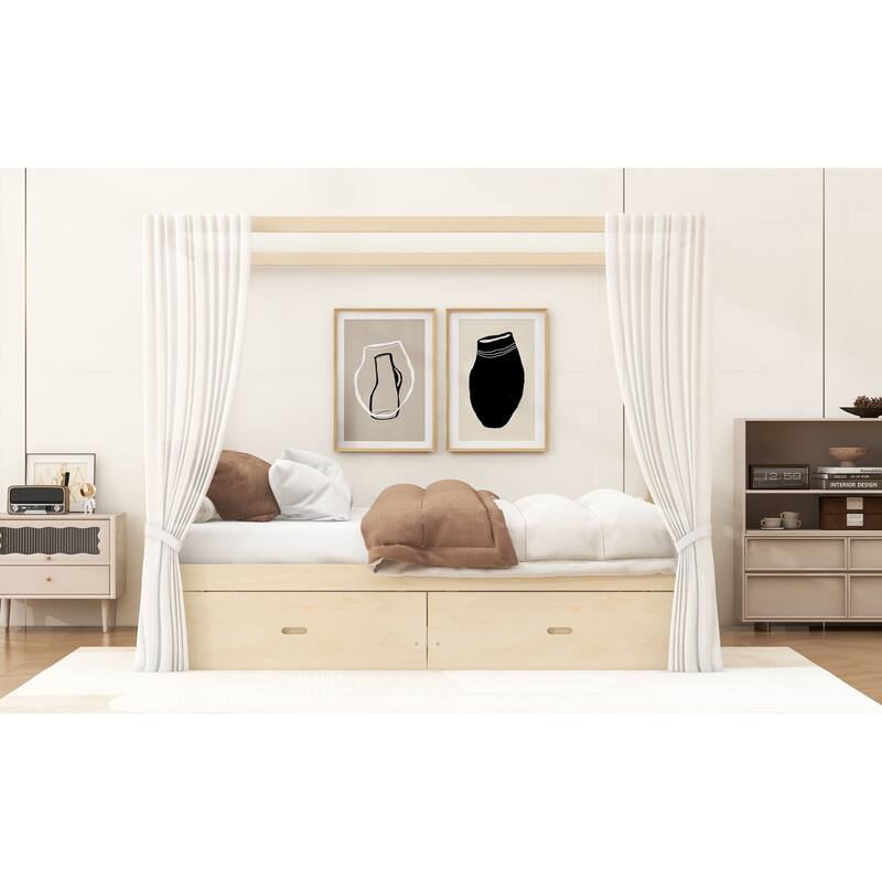 Roomfitters Queen/King Wooden Canopy Bed with 2 Storage Drawers, Solid Wood Frame, Walnut