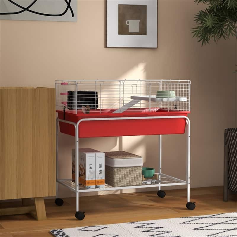Red-White Small Habitat Cage with Two Doors and Storage Shelf - 33" L x 18.5" W x 35.25" H - Red-White