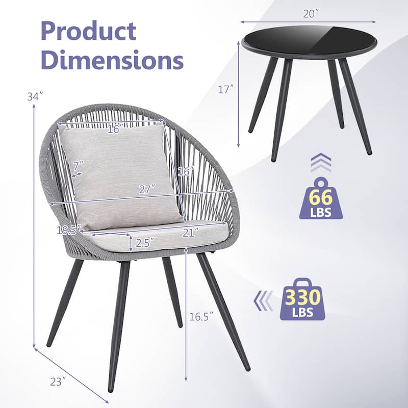 Gymax 3 Piece Furniture Set w/ Seat & Back Cushions Tempered Glass