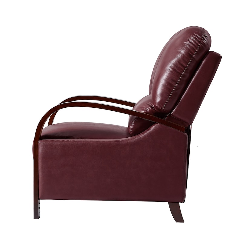 Alex Mid-century Modern Genuine Leather Manual Recliner with Wooden Curved Arms