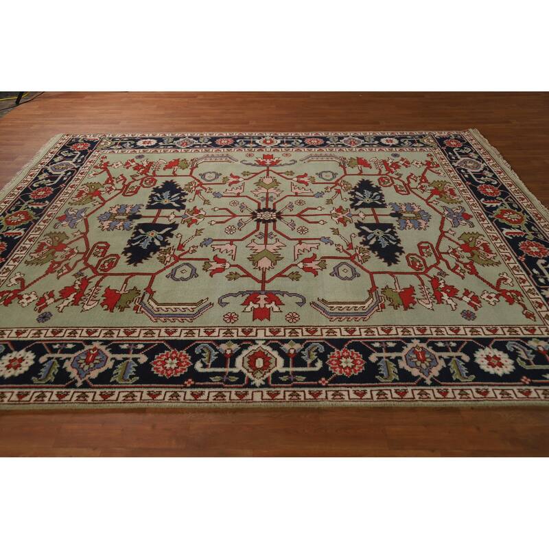 Hand Knotted Oriental 100% Wool Carpet Traditional Geometric Green Heriz (serapi) Area Rug - 9' 9'' X 7' 11''