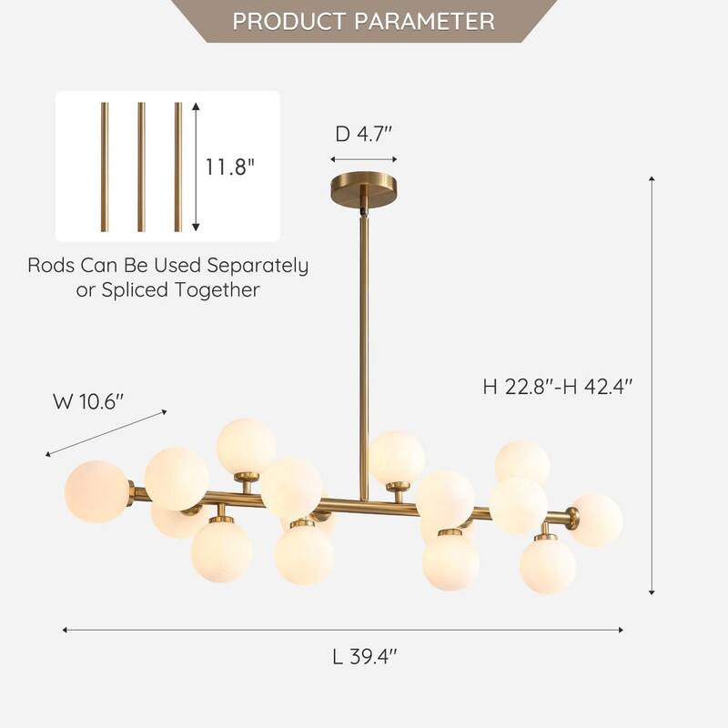 40 in. Linear Mid Century Modern Chandelier 16-Light Gold Brass Sputnik Pendant Light with Frosted Glass Globe for Dining Room