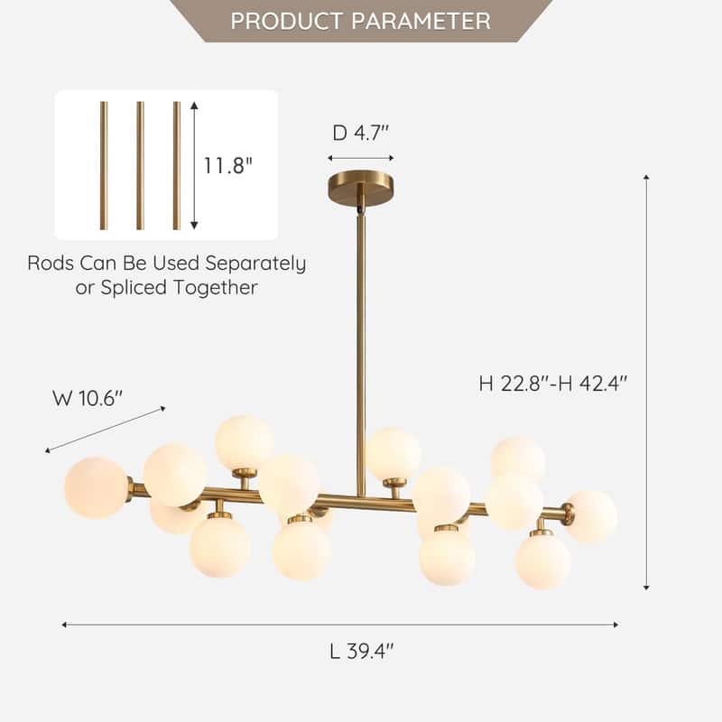 40 in. Linear Pendant Lighting Brass Modern Chandelier 16-Light Frosted Glass Kitchen Island Light for Dining Room