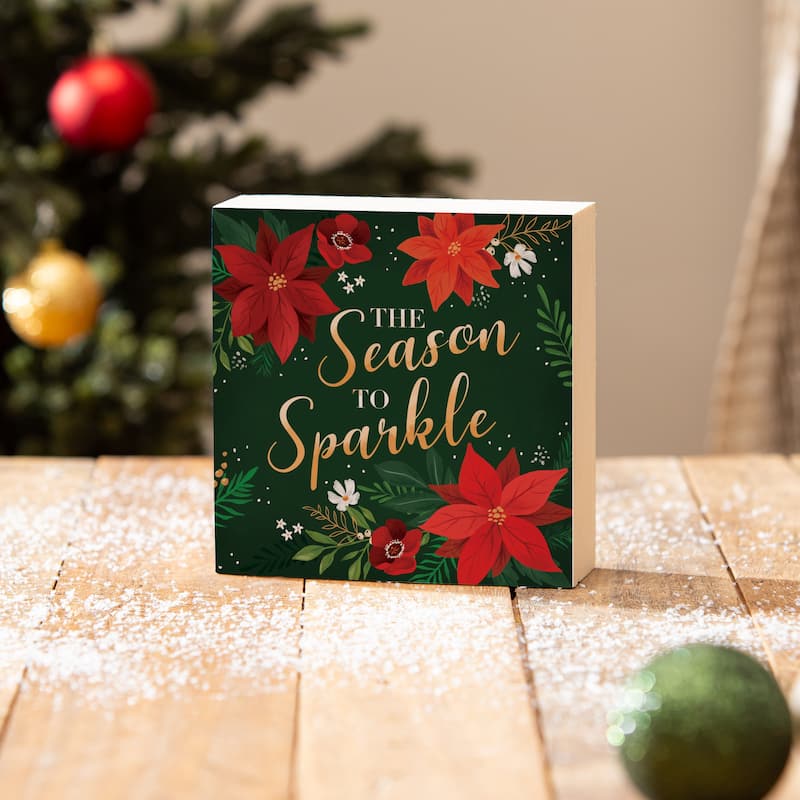Holiday Sign Wood Block - "The Season To Sparkle" - 6" x 6" - Multicolor