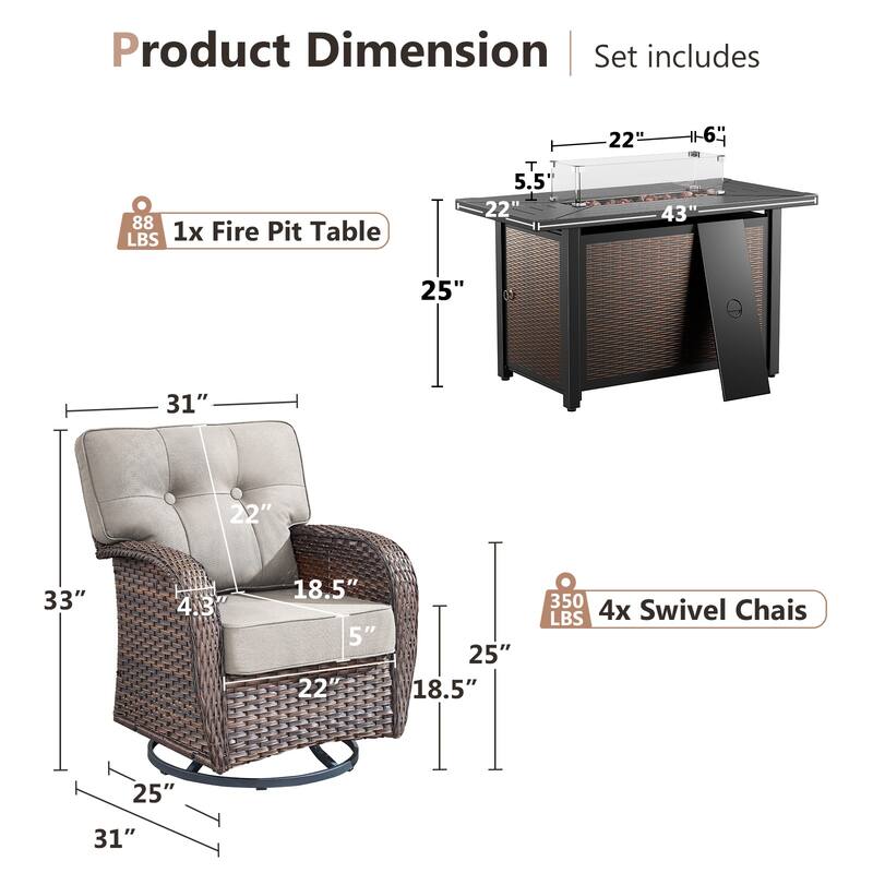 Pocassy Outdoor 43 In Fire Table with Sofa Patio Swivel Chair Set