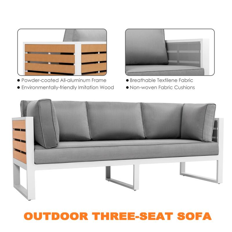 Outdoor Three-seat Sofa with Cushion and Pillows, Aluminum, Imitation Wood