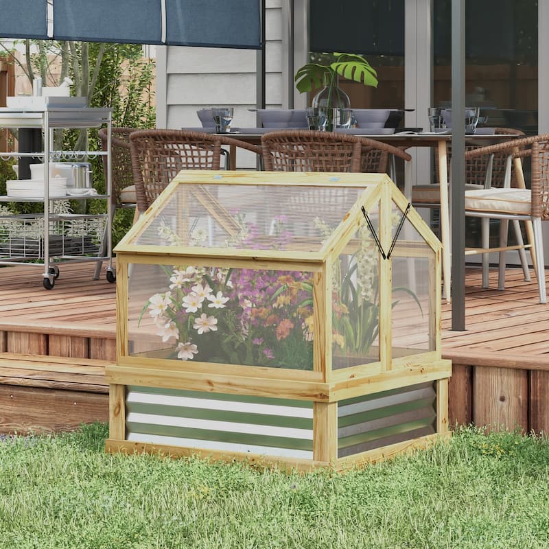 Outsunny Raised Garden Bed with Polycarbonate Greenhouse, Garden Wooden Cold Frame Greenhouse - Brown