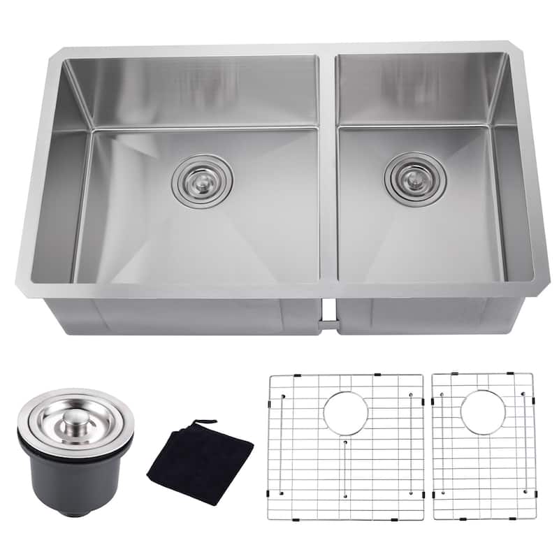 WOWOW 33" Drop-In Dual Bowl 16-Gauge Kitchen Sink - 18-12