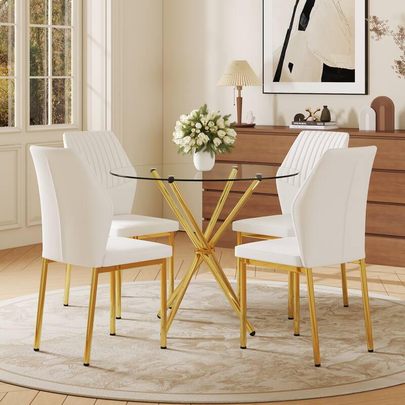 4-Piece Dining Set with Round Tempered Glass Table & Chairs - Modern Luxe Style for Living Room & Kitchen