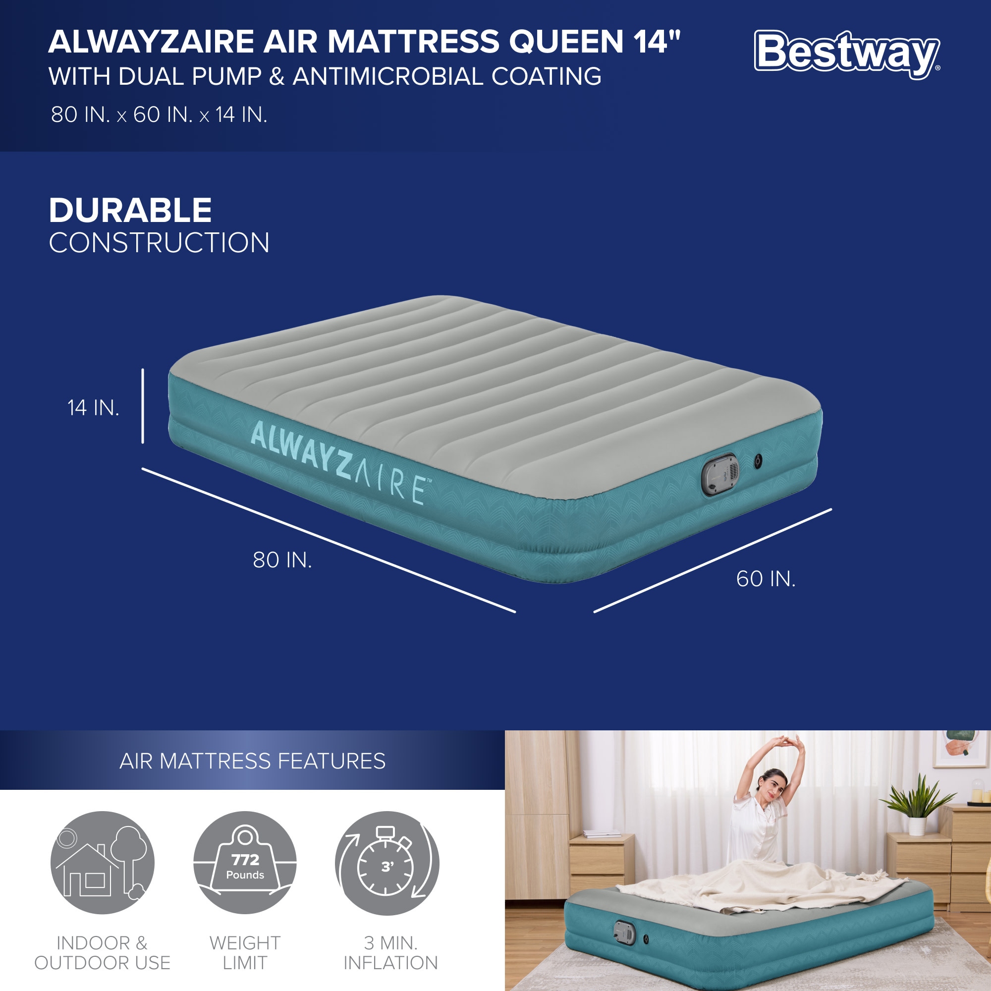 Bestway AlwayzAire 14 Inflatable Air Mattress Bed with Rechargeable Pump Queen Bed Bath Beyond 37076898