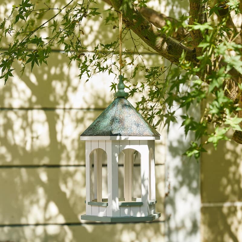 Glitzhome 15.75"H Solid Wood Gazebo Tray Birdfeeder With Metal Roof