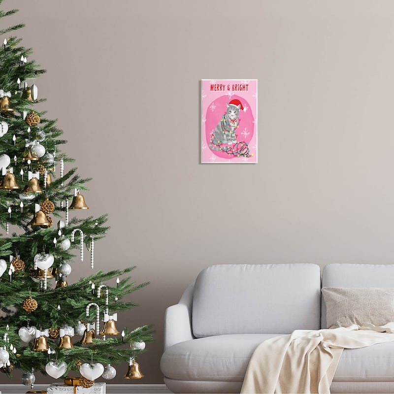 Stupell Industries Merry & Bright Christmas Cat Lights Wall Plaque Art ...