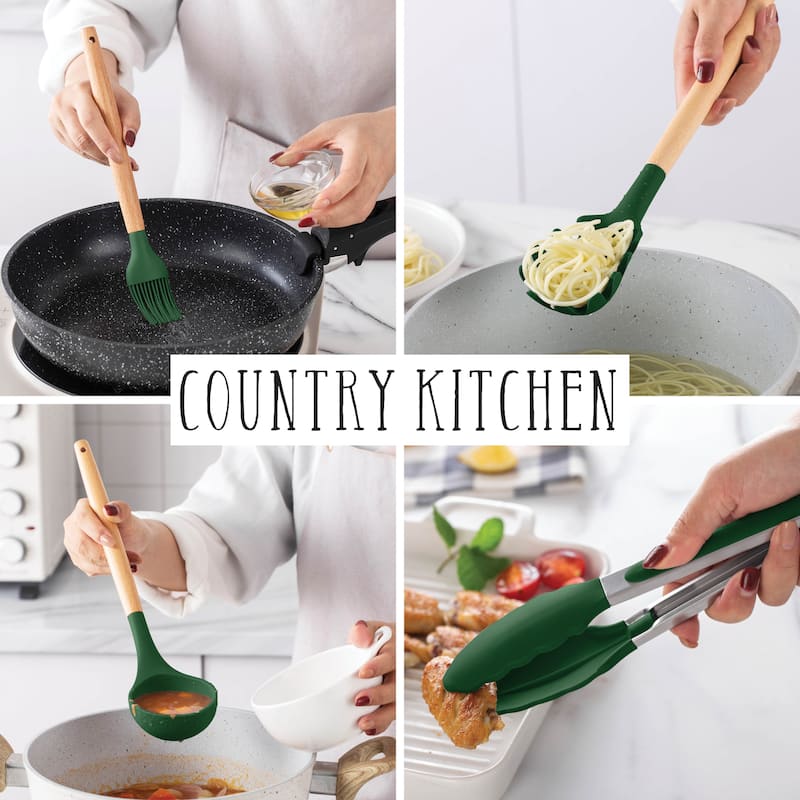 Country Kitchen Non Stick Silicone Utensil Set with Rounded Wood Handles for Cooking and Baking, 38 Piece Set