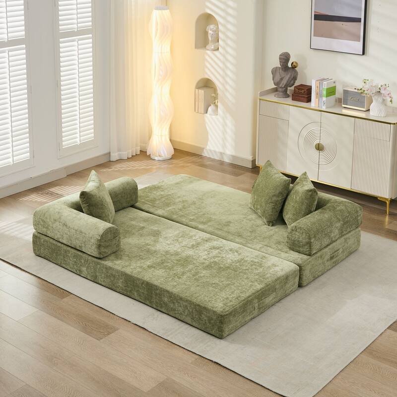 Chenille Folding Sofa Floor Sleeper Bed Chaise Lounger Couch 3-in-1 Comfy Mattress with Reversible Arm Pillows and Non-slip Pad