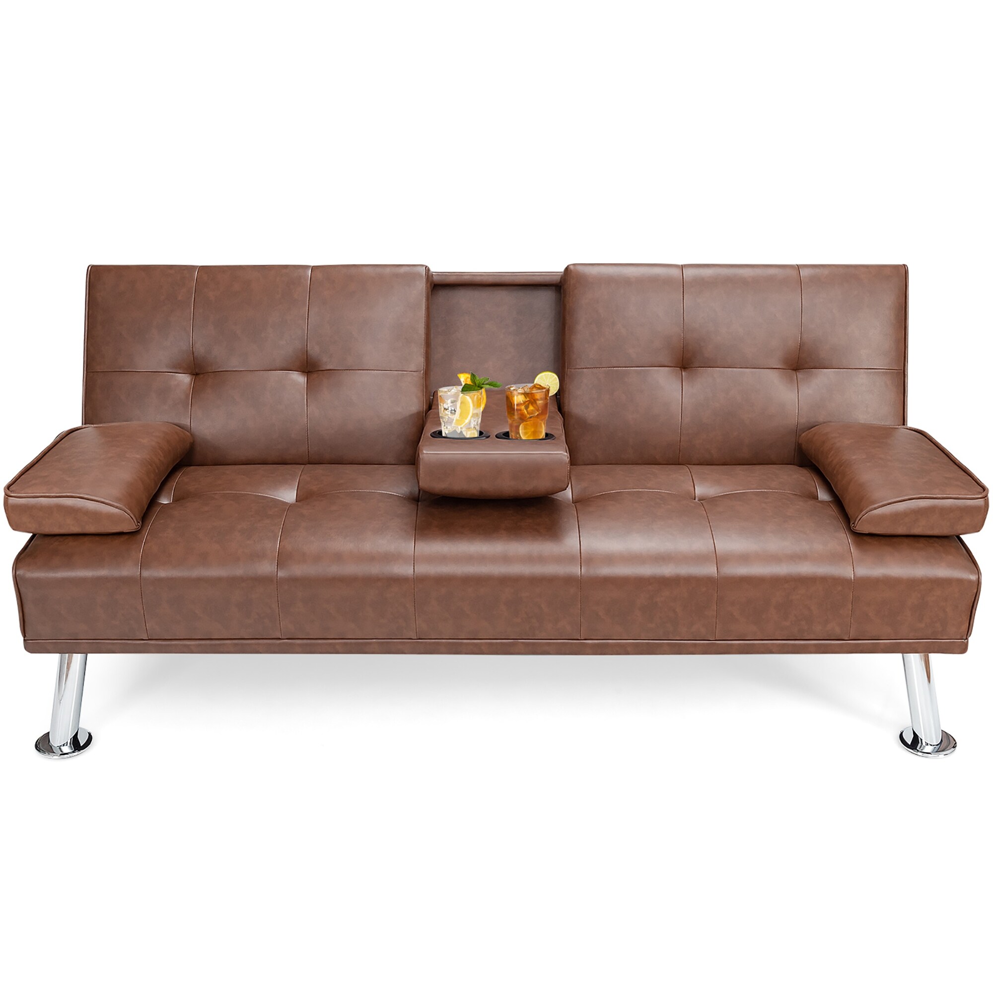 Costway Convertible Folding Futon Sofa Bed Leather w/Cup - 66x37x16.5