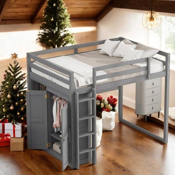 slide 2 of 14, Wardrobe Design Full Size Wood Loft Bed with Built-in Wardrobe and Storage Shelves, Led light Gray