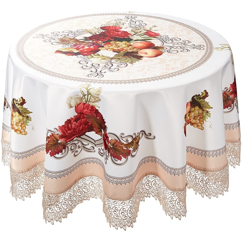 Violet Linen Fruttela Decorative Printed With Lace Trimming Pattern Tablecloth - 70" Round - Ivory
