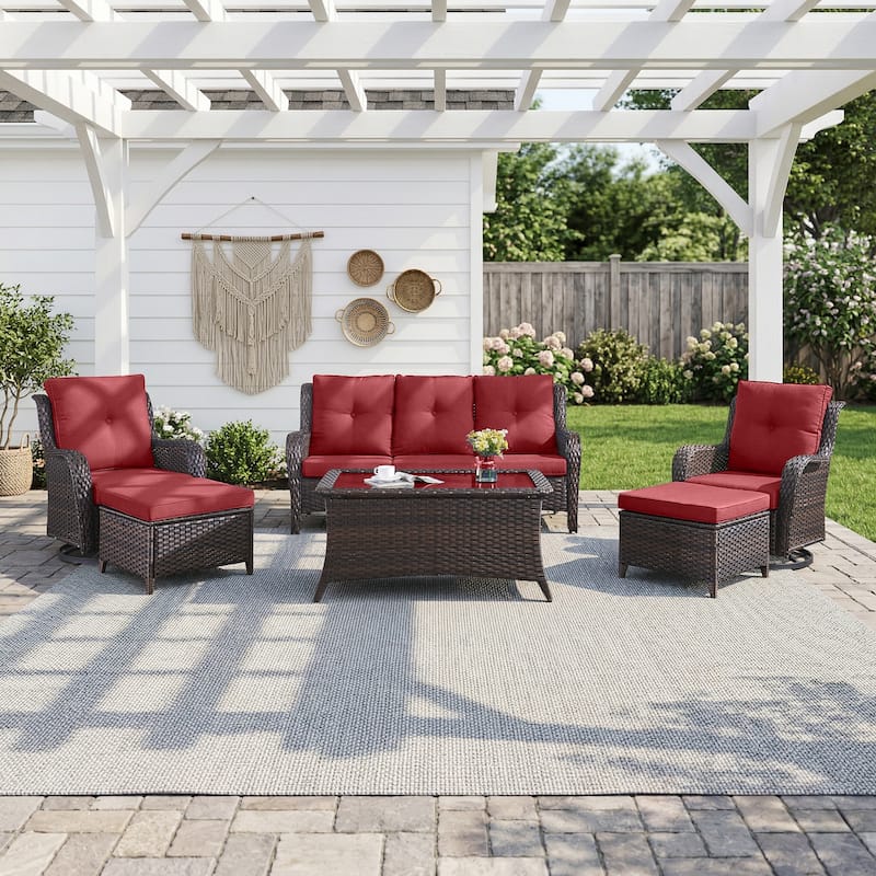 Pocassy Outdoor 6 Pieces 3-Seat Sofa Swivel Chairs Table Ottoman - Brown Wicker - Red cushion