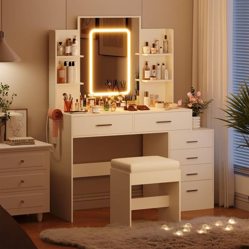 Makeup Vanity with Mirror, 6 Drawers, Shelves, Charging Ports, Hairdryer Holder, Stool