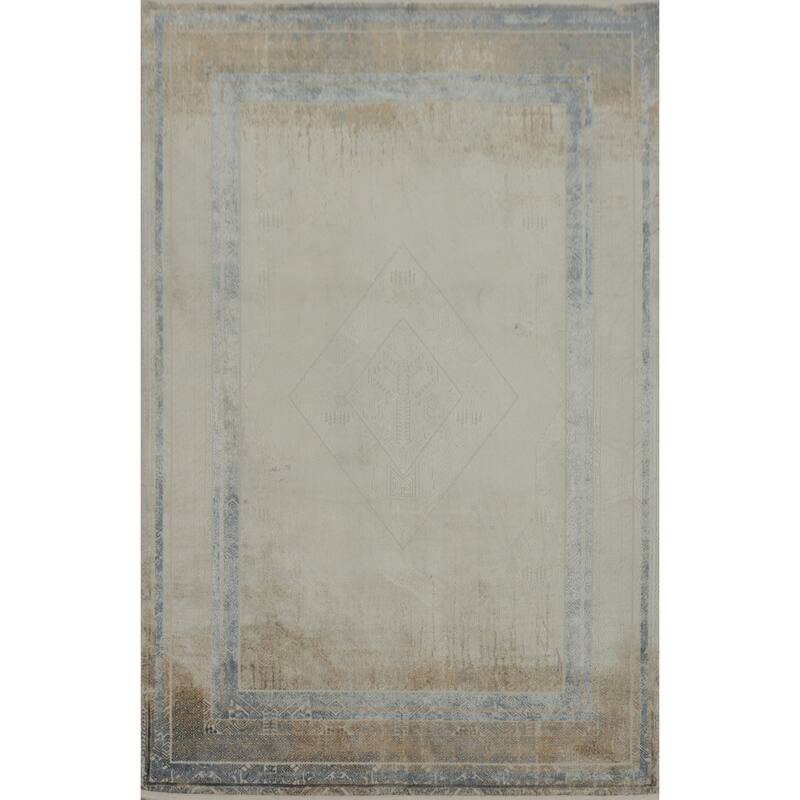 Machine Made Oriental Polyester Carpet Traditional Medallion Beige & Ivories Tabriz Area Rug - 7' 5'' X 5' 2''