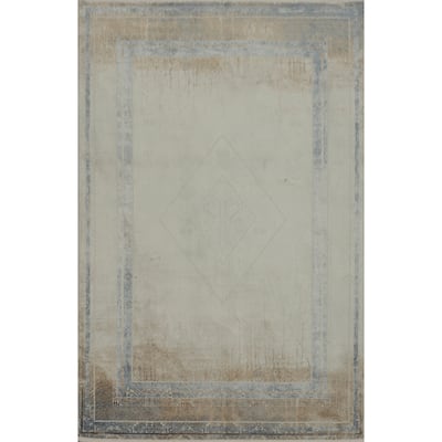 Machine Made Oriental Polyester Carpet Traditional Medallion Beige & Ivories Tabriz Area Rug - 7' 5'' X 5' 2''