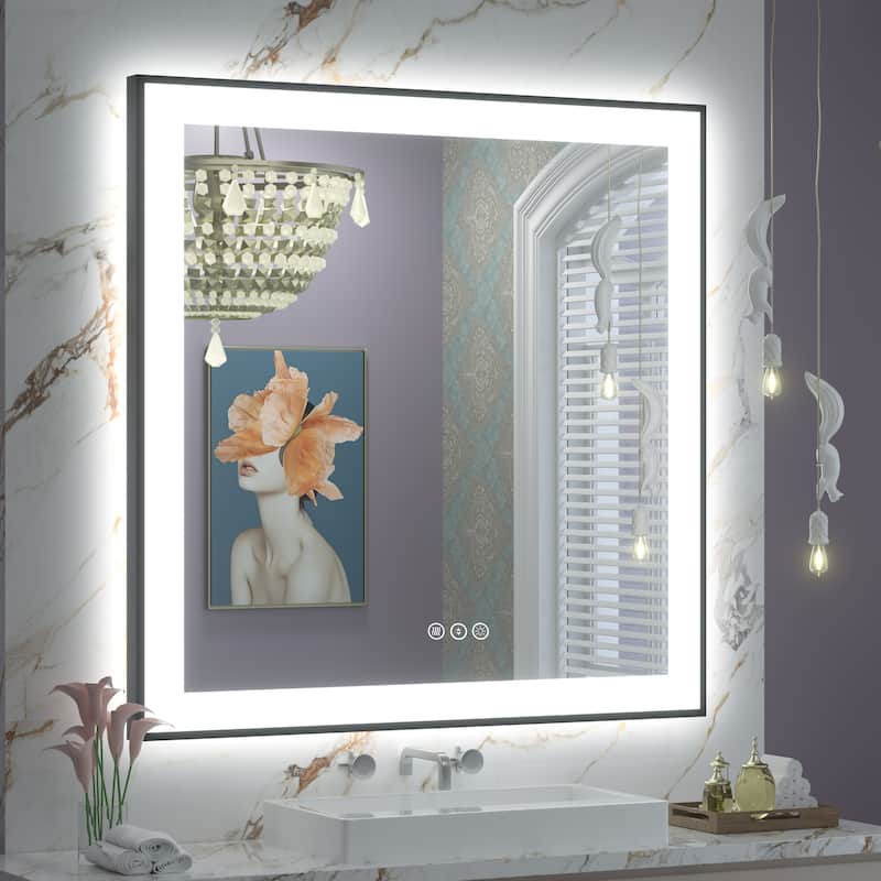 Front & Back LED Anti-Fog Tempered Glass Framed Bathroom/Vanity Mirror 3-Year Warranty - 36" x 36"-Square Corner - Black