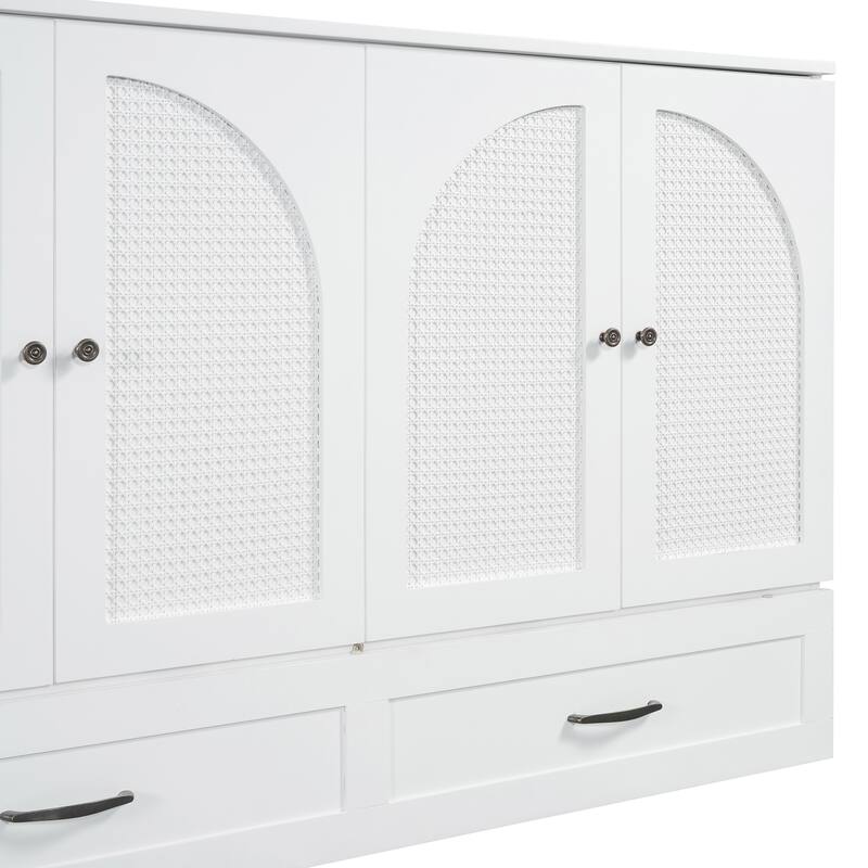 Foldable Rattan Murphy Bed with Storage Large Drawer and USB
