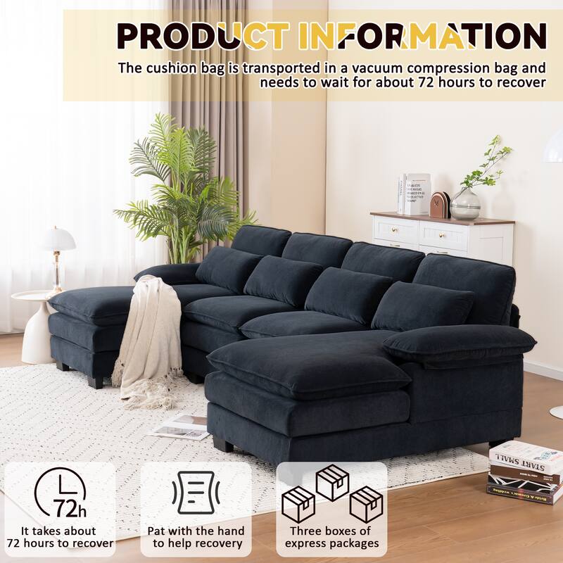 U Shape 111.8"Modern Comfort Combination Sectional Sofa,4-seat Velvet Fabric Upholstered Sofas with Chaise Lounge & Pillows