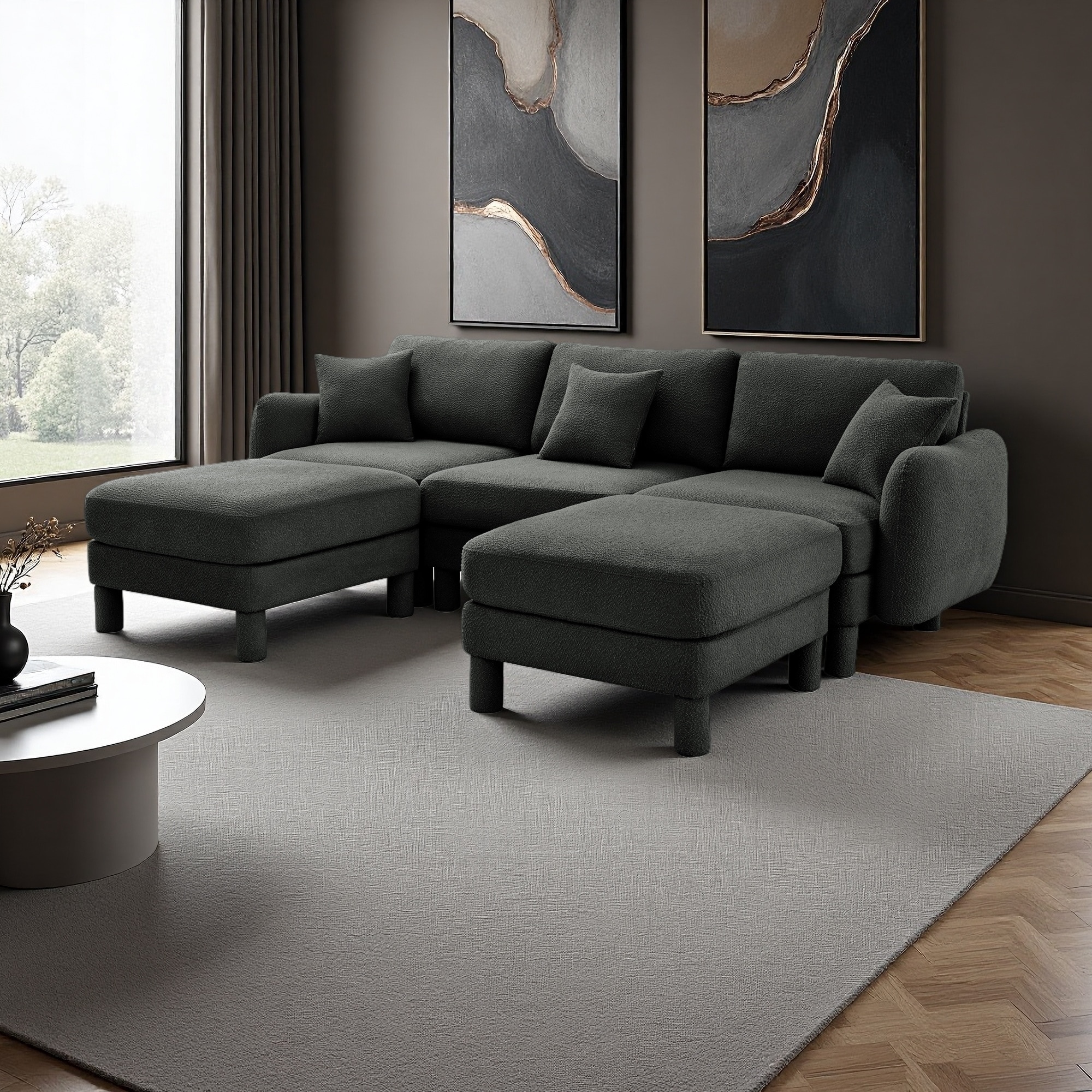 109.4" Boucle U-Shaped Sectional Sofa with Shell Armrests & 2 Ottomans (3-Seater)