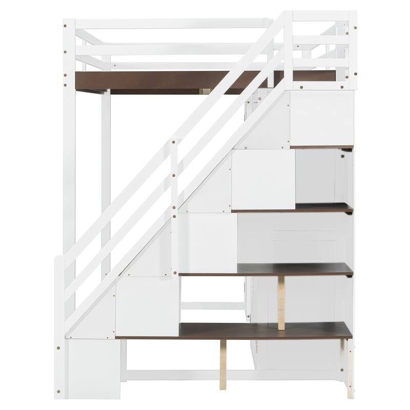 Full Size Loft Bed Frame for Kids with Storage Staircase, Wardrobe, Cabinets, USB, LED and Dressing Table with Mirror and Drawer