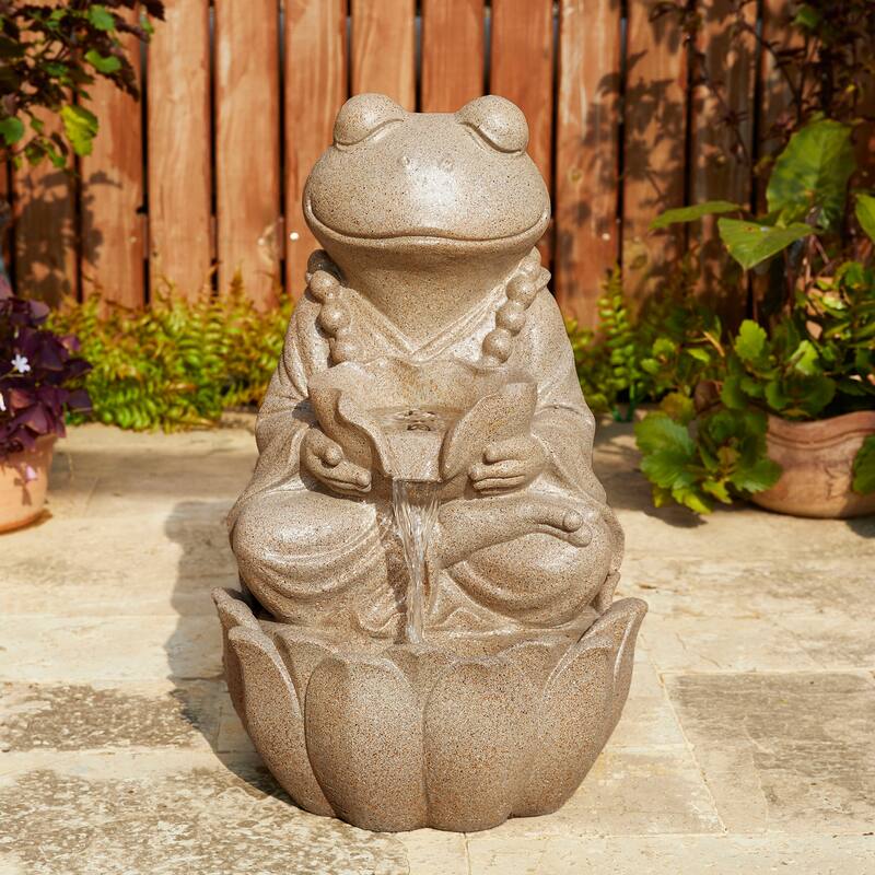 Glitzhome 21.75"H 2-Tiered Lighted Zen Style Frog Elephant Polyresin Outdoor Fountains