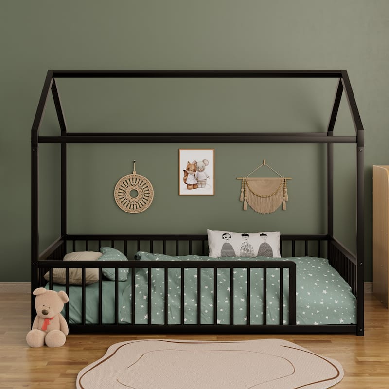 Montessori Metal House Bed with Low Entry & 3-Side Fence by Harper&Bright Designs