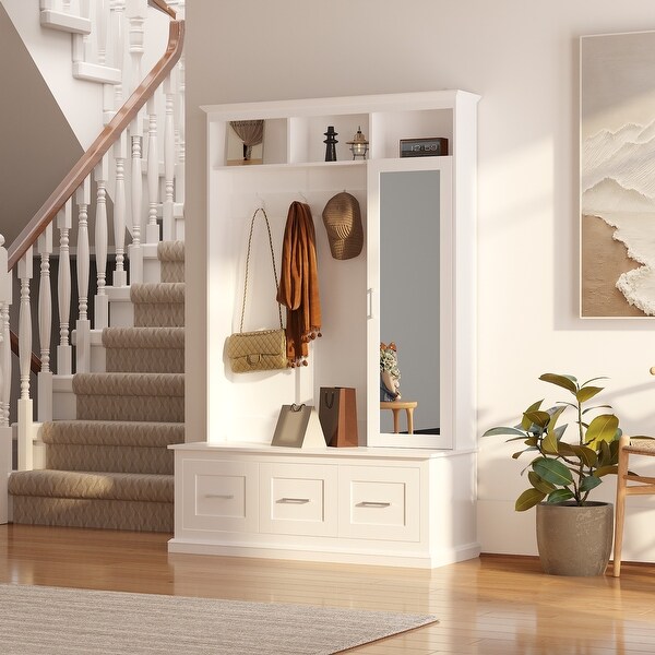 Modern White Hall Tree Entryway Storage Cabinet with Mirror and