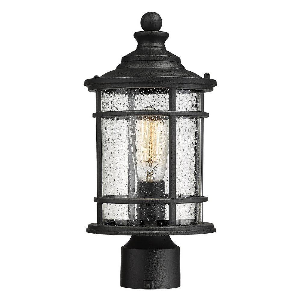 Outdoor Post Light Fixtures, 15 Inch Farmhouse Modern Lamp Post Lighting, Black Finish with Seeded Glass