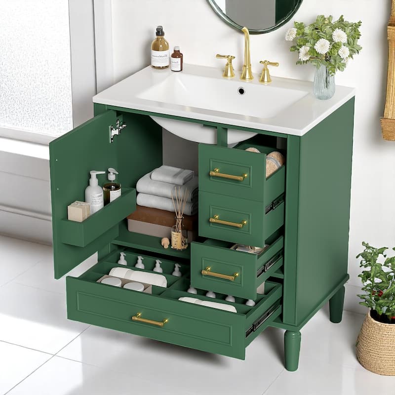 30" Bathroom Vanity with Sink, Freestanding Storage Cabinet with 3 Drawers, Soft-Close Door, Ceramic Basin,Bathroom Cabinet