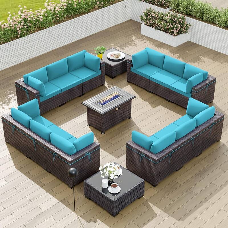Kullavik 15PCS Outdoor Patio Furniture Set with Fire Pit Table & Glass Top Coffee Table