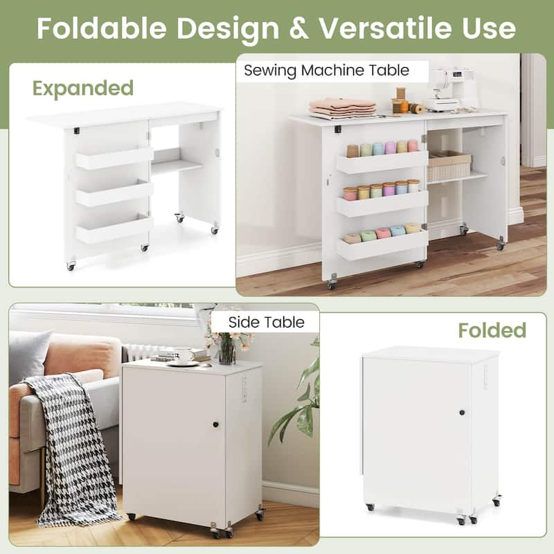 Costway Folding Sewing Machine Table Lockable Casters Rack with 3 - See Details
