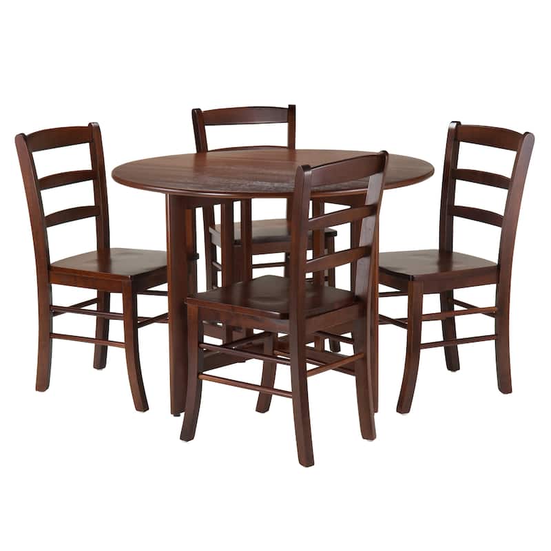 5-Pc Round Drop Leaf Table with Ladder-back Chairs, Walnut - Walnut
