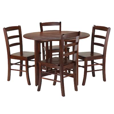5-Pc Round Drop Leaf Table with Ladder-back Chairs, Walnut