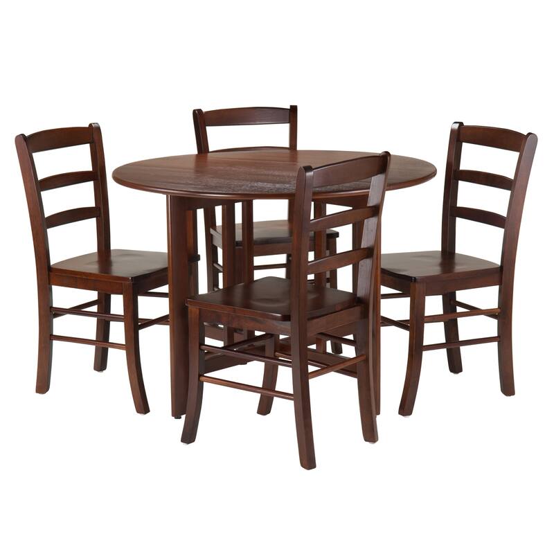 Set of 5 Alamo Walnut Finish Solid Wood Round Drop Leaf Table Set with 4 Ladder Back Stools 41.75"