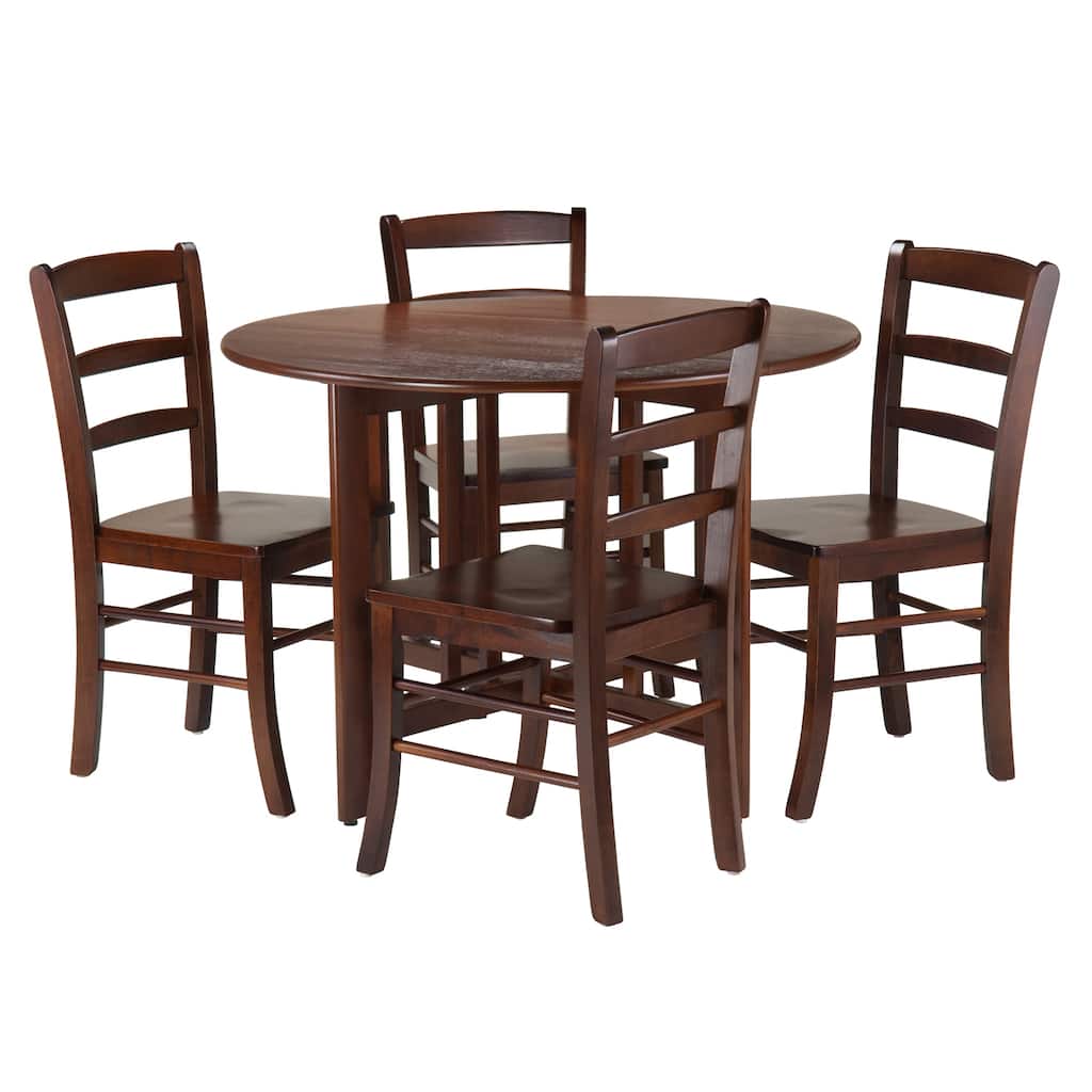 Set of 5 Alamo Walnut Finish Solid Wood Round Drop Leaf Table Set with 4 Ladder Back Stools 41.75"
