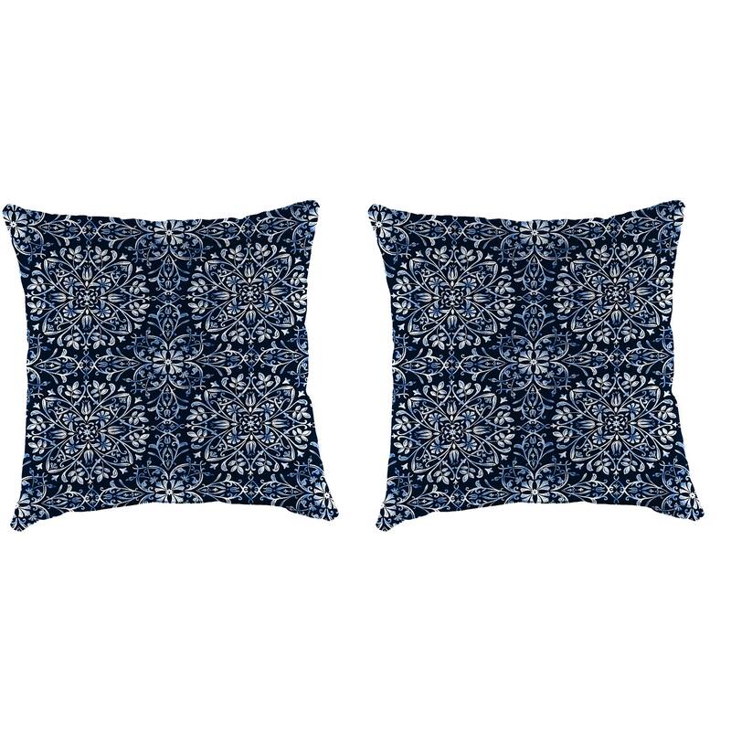 16" x 16" Navy Damask Outdoor Throw Pillow - Set of 2 - 16'' L x 16'' W x 4'' H - Dresden Midnight