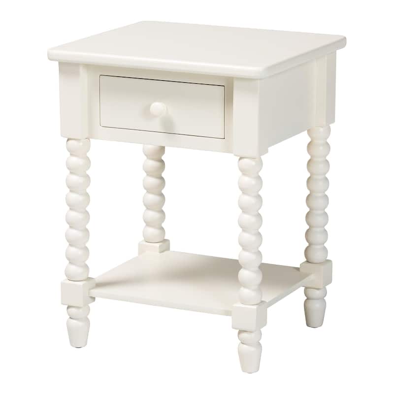 Raynera End Table with Bobbin Legs - 1-Drawer Accent Table with Spindle Turned Legs and Open Shelf, Cottage Farmhouse Side Table - White
