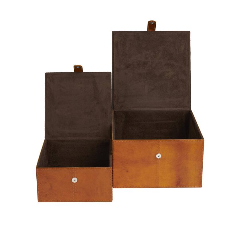 Leather Handmade Decorative Box with Hinged Lid - Set of 2 Gray, Brown, Dark Brown, Gold, Silver - Roche River Decor