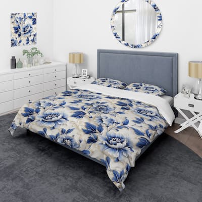 Designart "Cobalt Blue Filigree Victorian Pattern VIII" Cottage Bedding Cover Set With 2 Shams